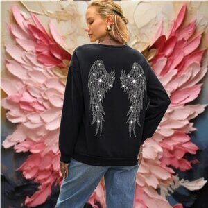 SHEIN Curve Sparkling Angel Wings Rhinestone Design Black Sweatshirt Sz XL